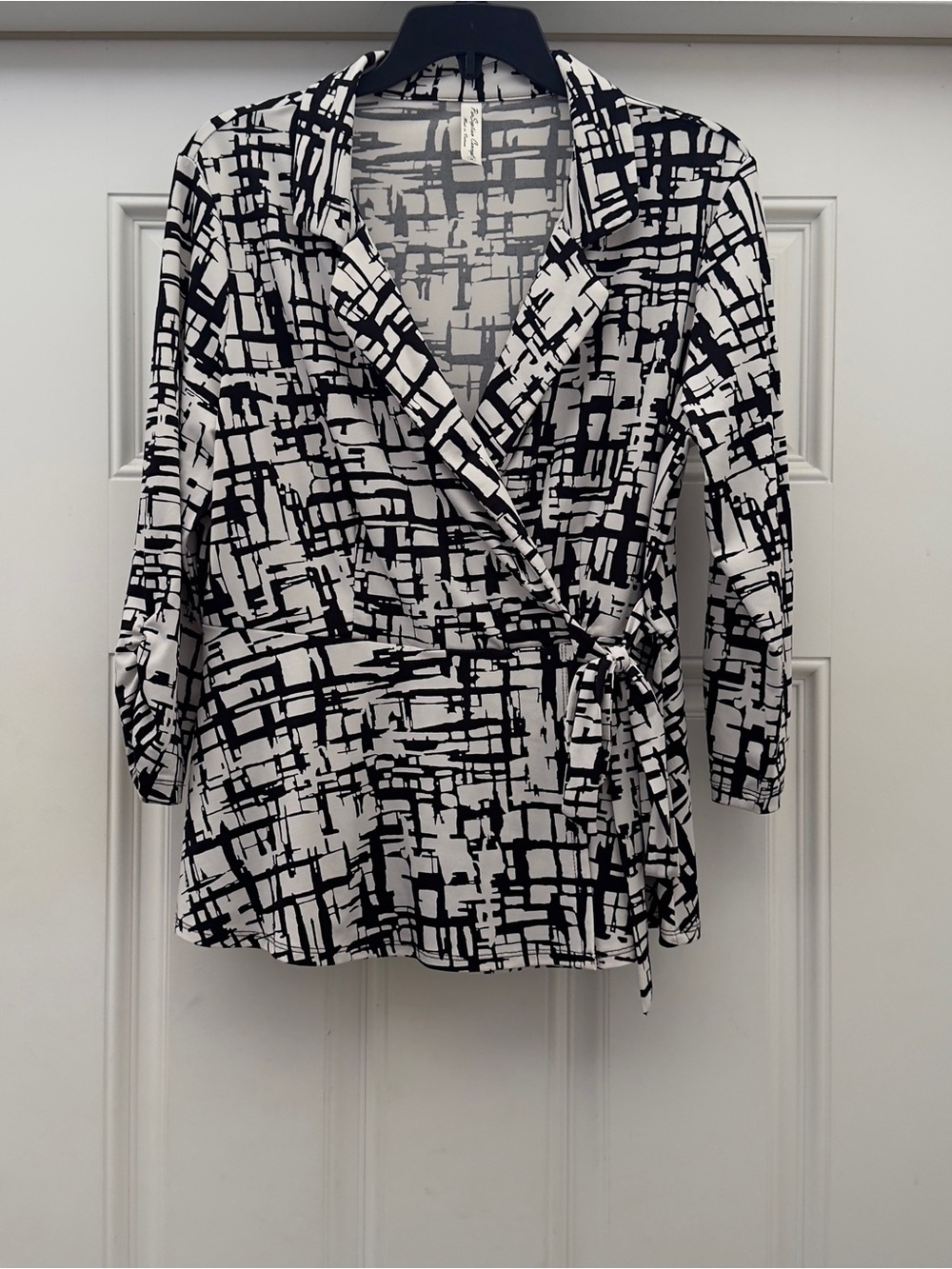 Black & White Abstract Wrap Blouse - Women's Top Medium